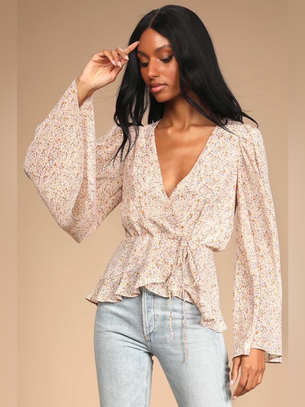 LULU’s Bell-Sleeve Floral V-Neck Peplum Wrap Blouse Shirt Top Cropped Medium